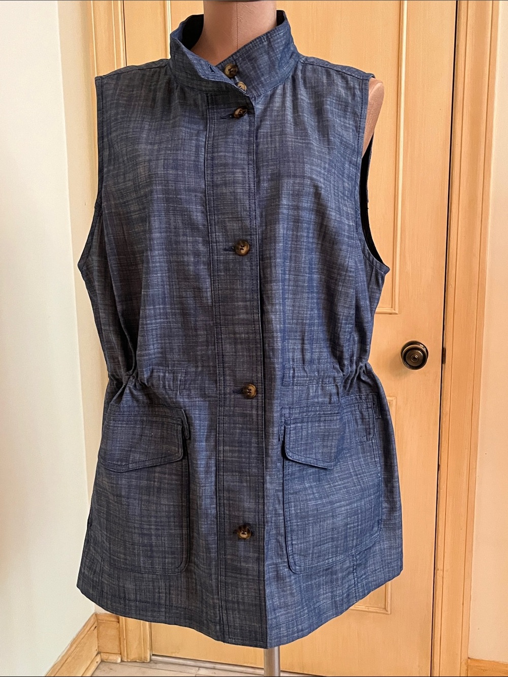 TALBOTS Coastal Weekend Striated Navy Drawstring 2 Pocket Button Utility Vest 1X
